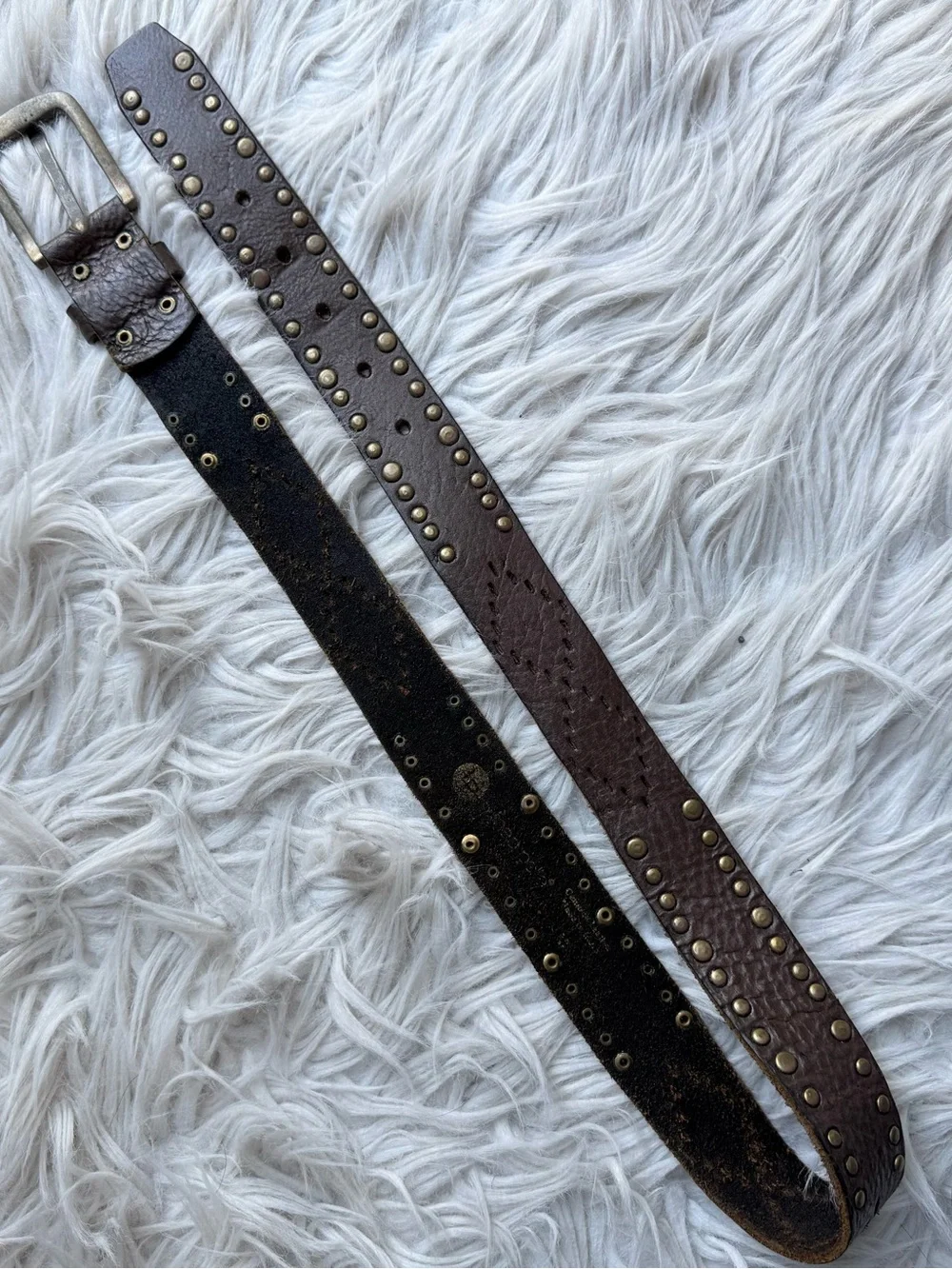 Vintage Linea Pelle Studded Leather Belt Brown Brass Rivets Distressed Boho